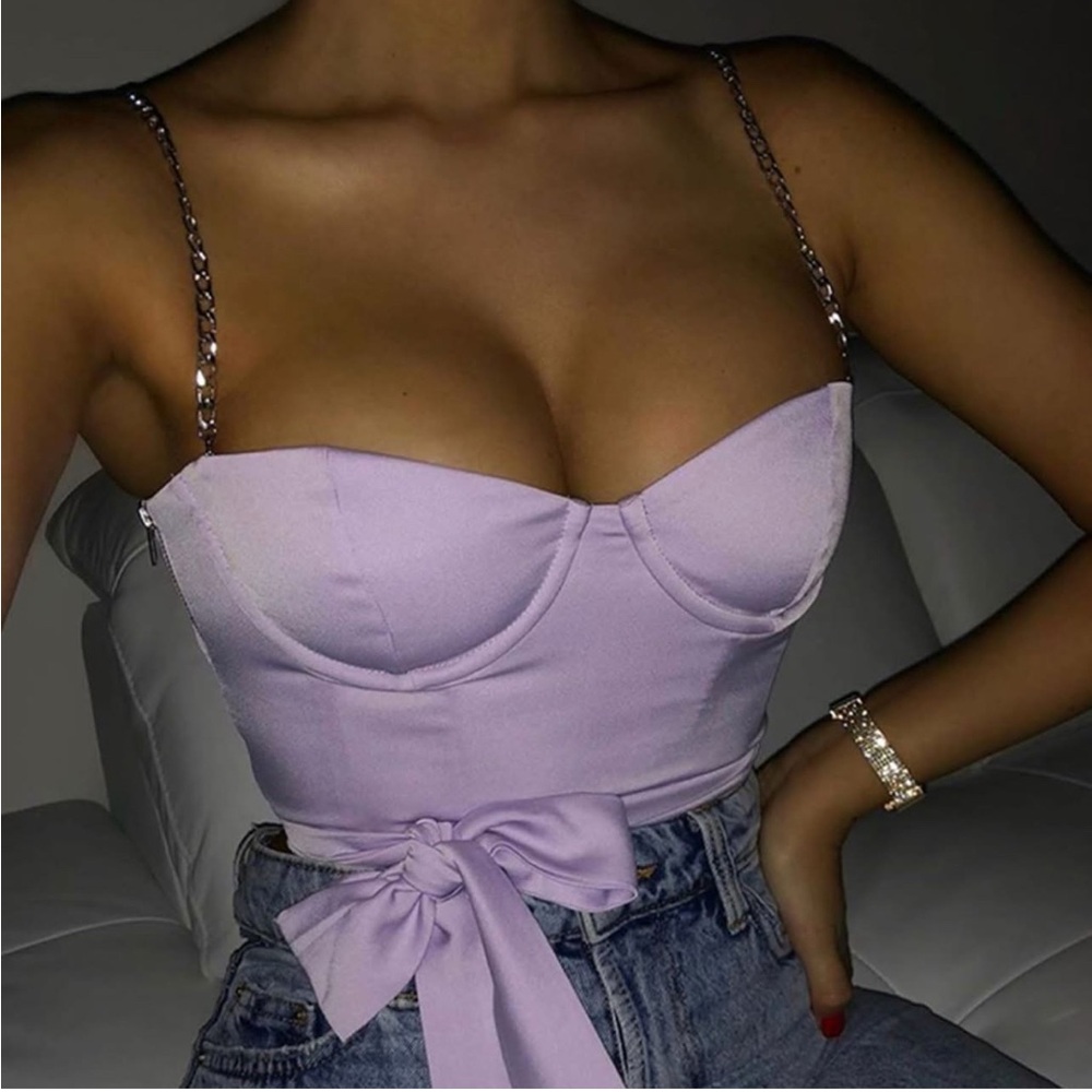 NWT OH POLLY Lilac purple Chain Strap Crop Top bustier bow tie size 0 - Picture 2 of 9